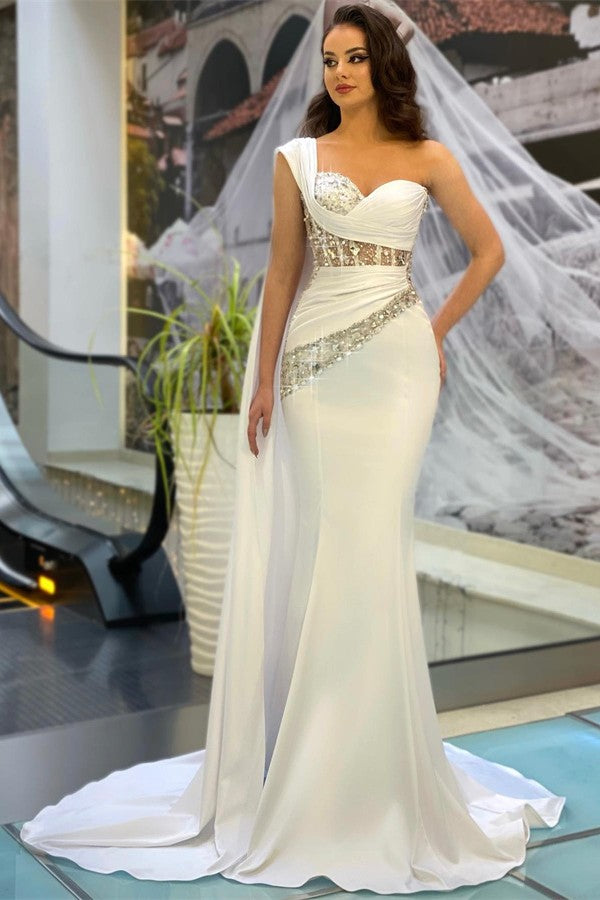 Chic White Long Mermaid One Shoulder Satin Formal Prom Dress