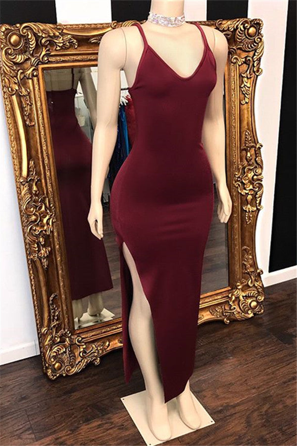 Long Mermaid V-neck Spaghetti Straps Split Front Prom Dress