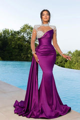 Elegant Long Mermaid High Neck Satin Beading Formal Prom Dresses with Sleeves