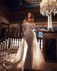 Sparkly Long Mermaid Off The Shoulder Sequins Wedding Dress With Detachable Sweep Train