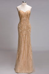 Mermaid Strapless Sweetheart Long Sequined Formal Evening Dresses with Beads