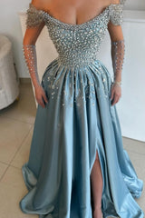 Luxury Long A-line Off the Shoulder Split Floor Length Prom Dresses