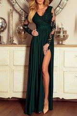 Sexy A-line V-neck Long Sleeve Appliques Lace Prom Dress with Slit