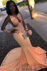 Long Mermaid Jewel Appliques Lace Satin Prom Dress with Sleeves