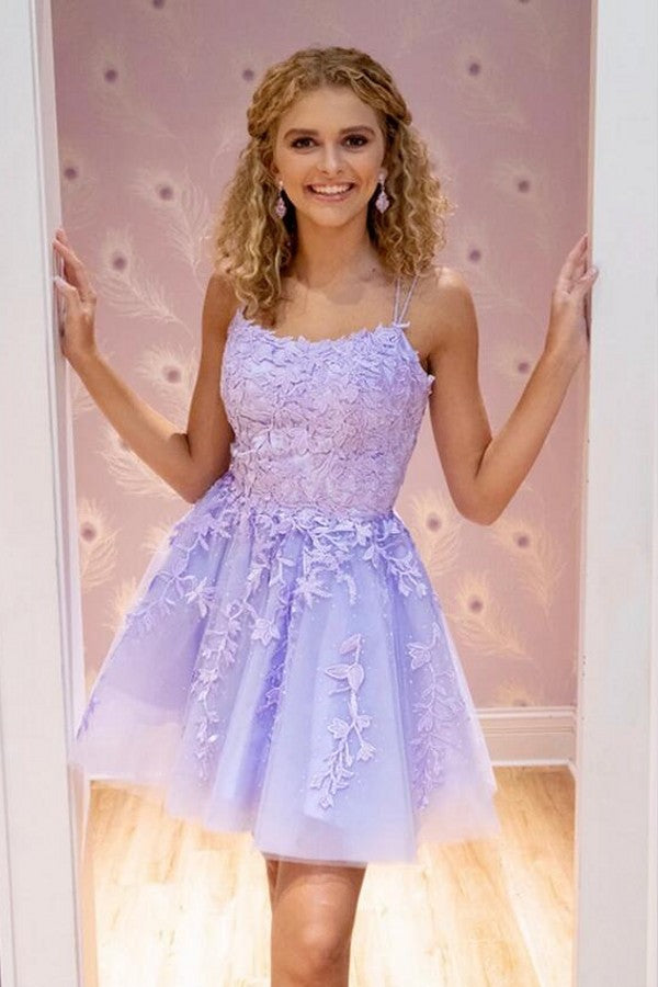 A-Line Spaghetti Straps Appliques Lace Short Homecoming Dress