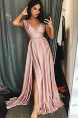 Charming Long V-neck Sleeveless A-line Prom Dresses with Slit