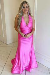 Long Halter V-Neck Open Back Mermaid Satin Plue Size Prom Dress