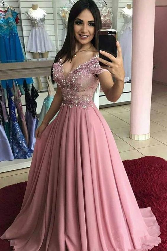 Long Sweetheart Off the Shoulder A-Line Chiffon Beading Prom Dresses
