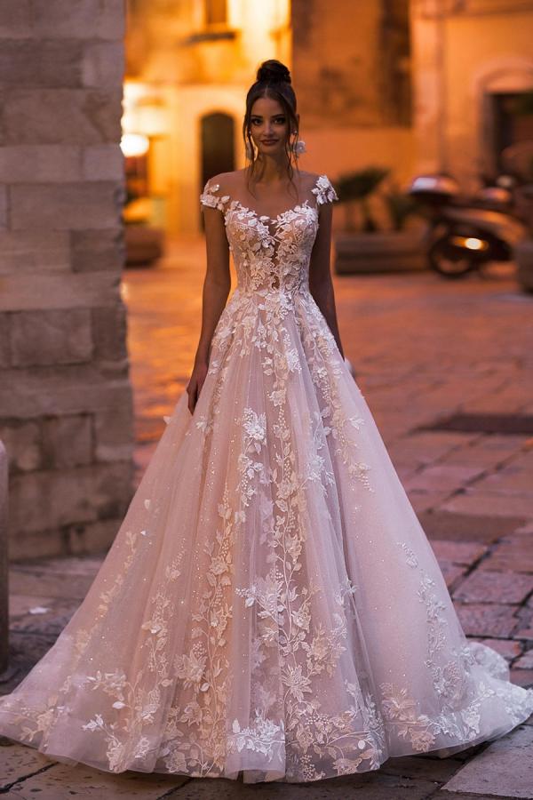 Elegant A-Line Bateau Appliques Lace Backless Floor Length Sequins Wedding Dress