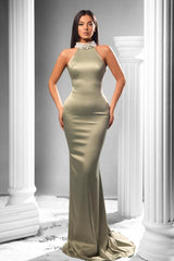 Elegant Long Mermaid Halter Satin Formal Prom Dresses