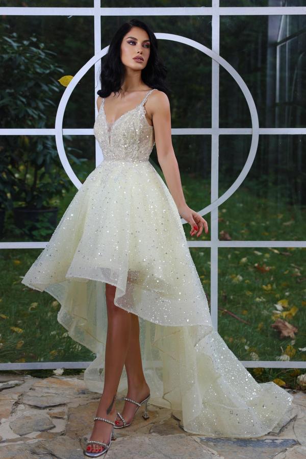 High Low A-line Glitter V-neck Sequined Backless Prom Dress