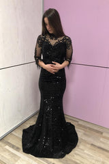 Elegant Black High Neck Long Sleeve Beading Sequins Floor Length Mermaid Prom Dress