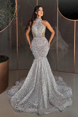 Luxury Long Mermaid Halter Sequined Formal Prom Dresses
