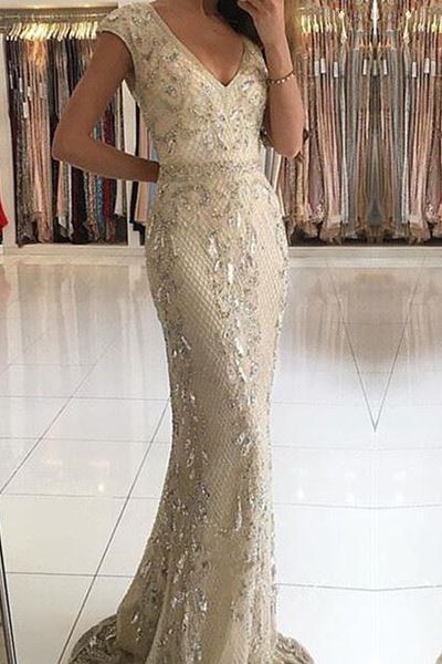 Long V-neck Wide Straps Beading Floor Length Mermaid Prom Dress