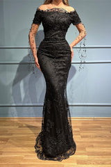 Black Long Mermaid Off the Shoulder Tulle Lace Prom Dress with Sleeves