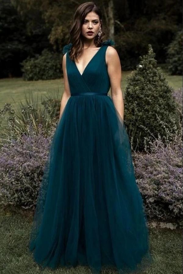 Elegant Long A-line V-neck Tulle Floor Length Prom Dress