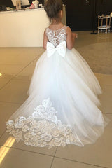 Puffy Long Jewel Sleeveless Appliques Flower Girl Dresses With Bow
