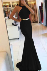 Long Halter Satin Mermaid Black Prom Dress