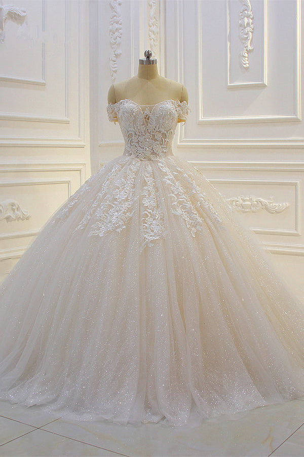 Long Off the Shoulder Sweetheart Ball Gown Appliques Lace Wedding Dress