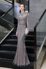 Long Sleeve Mermaid Sequins High-Neck Evening Dress