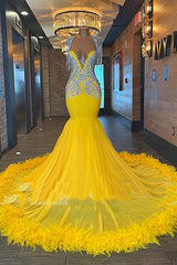 Charming Yellow Long Mermaid V-neckTulle Beading Backless Prom Dress