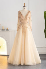 Long A-line V-neck Sequins Beading Tulle Formal Prom Dresses with Sleeves