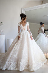Gorgeous Long Ball Gown Sweetheart Tulle Lace Open Back Wedding Dress with Sleeves