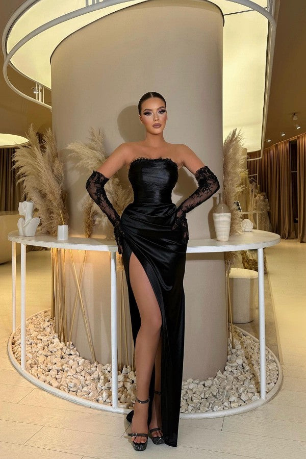 Simple Black Long Mermaid Strapless Satin Formal Prom Dresses with Slit