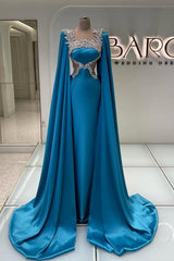 Elegant Long Mermaid Beads Satin Cape Formal Evening Dresses