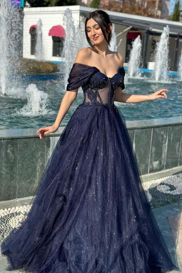 Glitter Long A-line Off the Shoulder Sweetheart Formal Prom Dresses