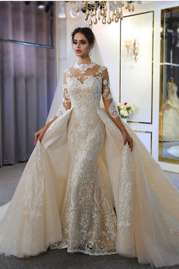 Gorgeous Long Mermaid Sweetheart Long Sleeve Appliques Lace Floor Length Wedding Dress
