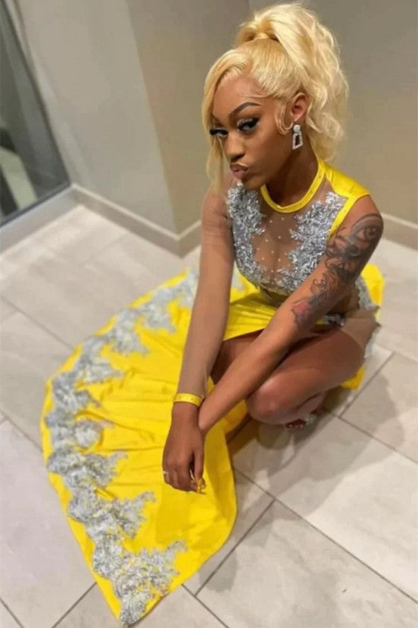Fabulous Yellow Long Mermaid Jewel Satin Beading Prom Dress with Slit