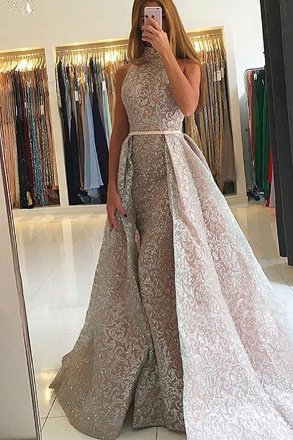 Long High Neck Sequins Floor Length Mermaid Prom Dress With Train