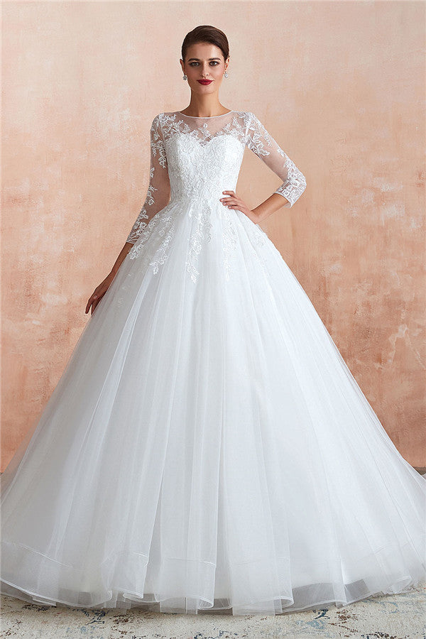 Elegant Long Ball Gown Appliques Lace Tulle Wedding Dress	 with Sleeves