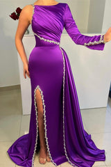 Long Sleeves One Shoulder Asymmetrical Beading Floor Length Satin Prom Dress with Slit