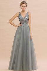 Long V-neck Tulle A-line Chiffon Beaded Formal Evneing Dress