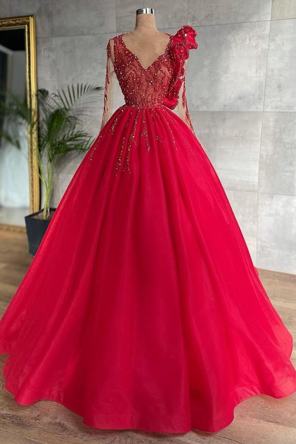 Long Ball Gown V-neck Long Sleeves Tulle Prom Dress