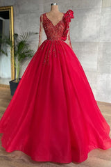 Long Ball Gown V-neck Long Sleeves Tulle Prom Dress