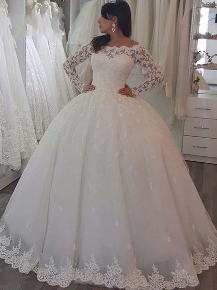 Elegant Long Ball Gown Bateau Lace Tulle  Wedding Dresses with Sleeves