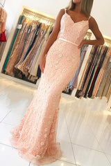 Long Spaghetti Straps Sweetheart Lace Open Back Mermaid Prom Dress