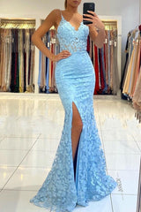 Elegant Long Mermaid V-neck Open Back Lace Prom Dress with slit