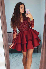 V-neck Long Sleeve Appliques Lace Satin Short Homecoming Dress With Ruffles