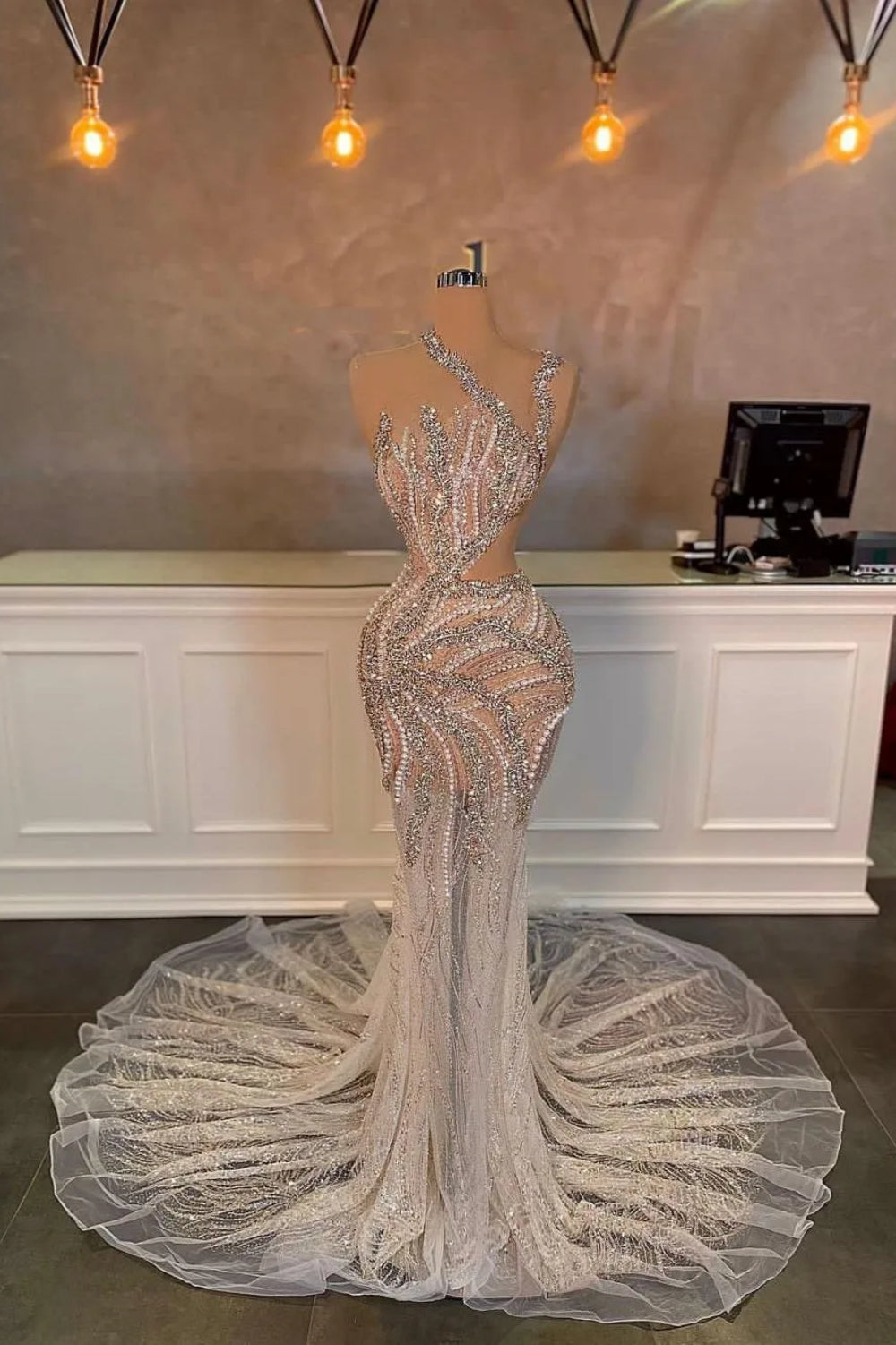 Gorgeous Mermaid Long One Shoulder Tulle Prom Dress with Beads