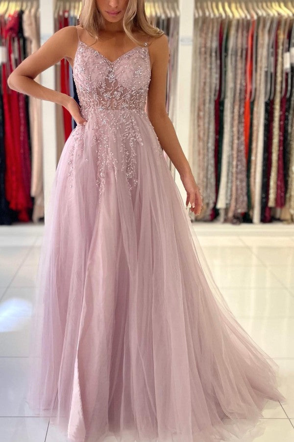 Long A-line V-neck Tulle Beaded Backless Prom Dress with Slit
