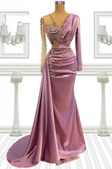 Long Sleeves V-neck Satin Beaded Ruffles Mermaid Formal Evening Dress