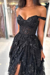Off The Shoulder Sweetheart Lace A-Line Long Prom Dress with Slit