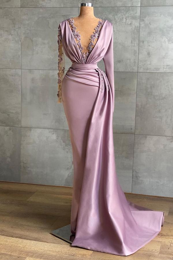 Simple V-neck Long Sleeve Appliques Lace Mermaid Formal Evening Dress