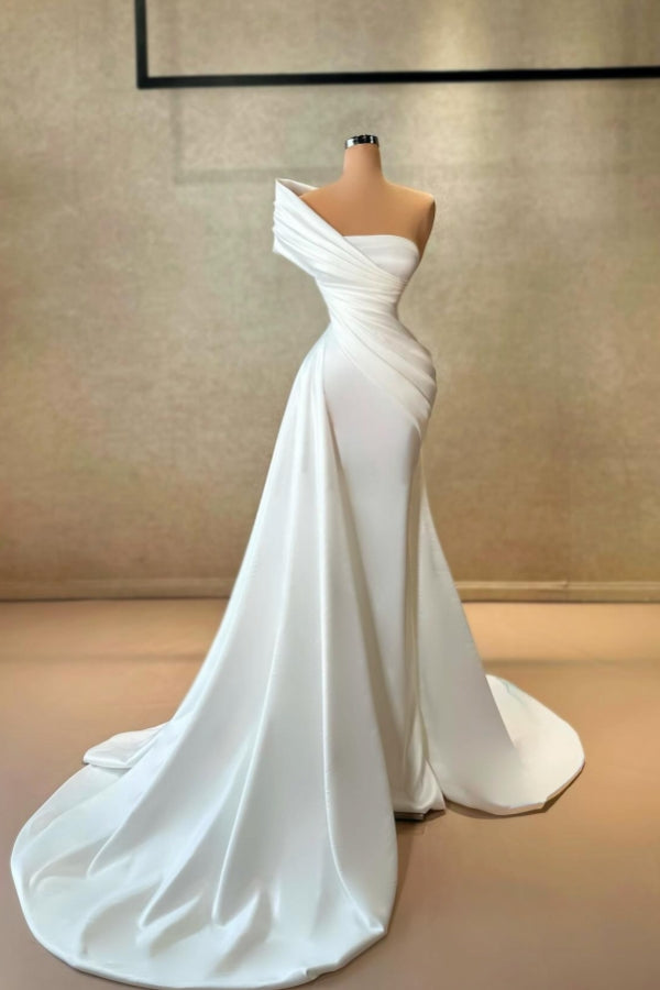 White One Shoulder Strapless Satin Long Mermaid Floor Length Prom Dress