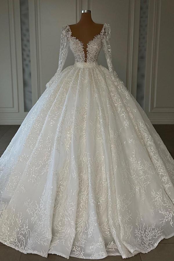 Luxury Long Ball Gown Sweetheart Lace Wedding Dress with Sleeves