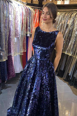 Luxury Long A-line Backless Floor Length Sequins Ruffles Prom Dress